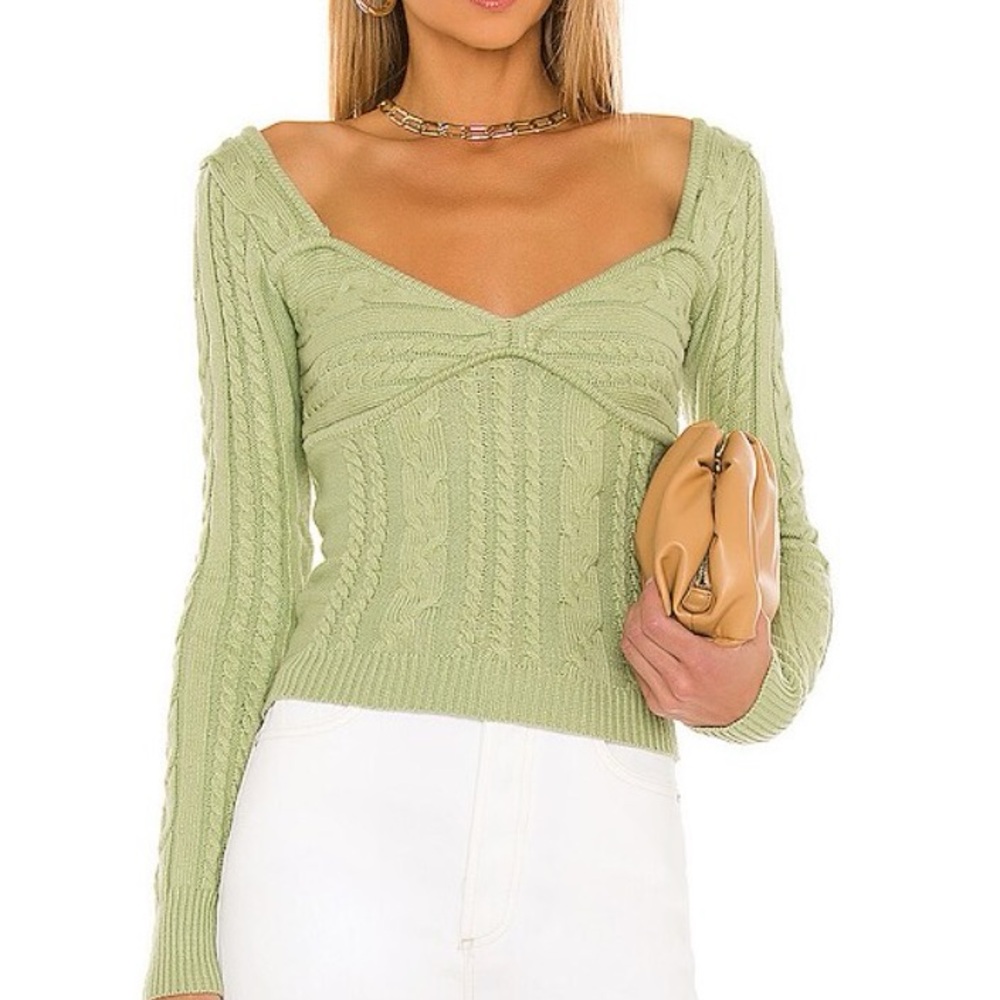 MAJORELLE Green Off-the-Shoulder Sweater with V-Neckline